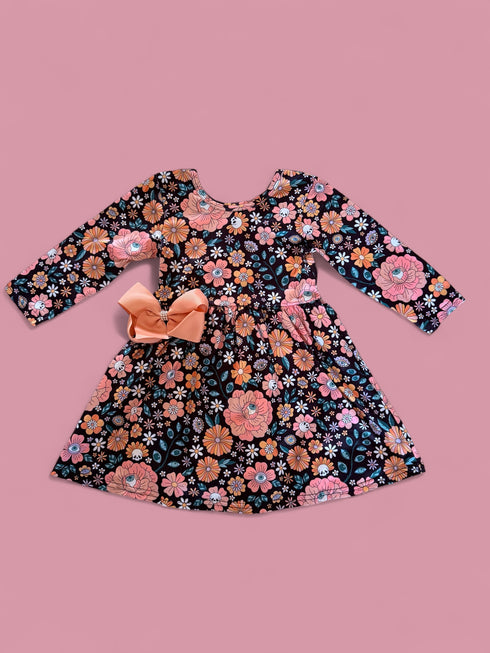 Girls Halloween Floral Dress with Matching Bow - Bowtism